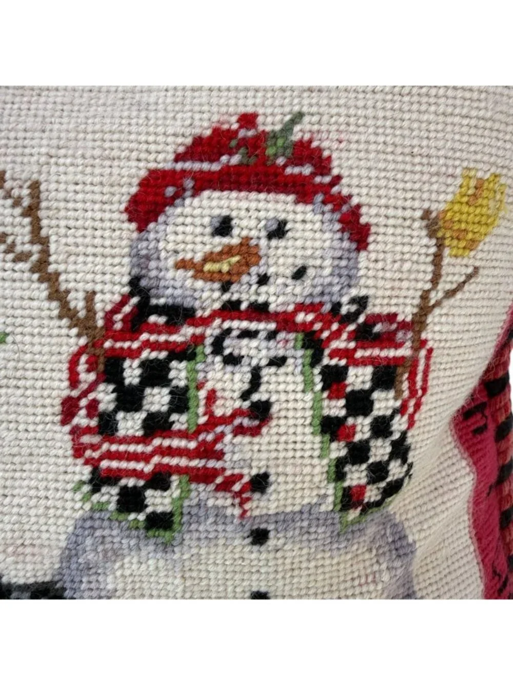 Snowmen Needlepoint Pillow Whimsical Christmas Holiday Decor 15x19 Zip Cover